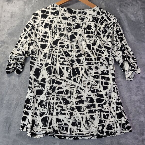 Style and Co Womens Petite XL Abstract Print Roll Tab Sleeve Blouse Black White - Picture 7 of 8